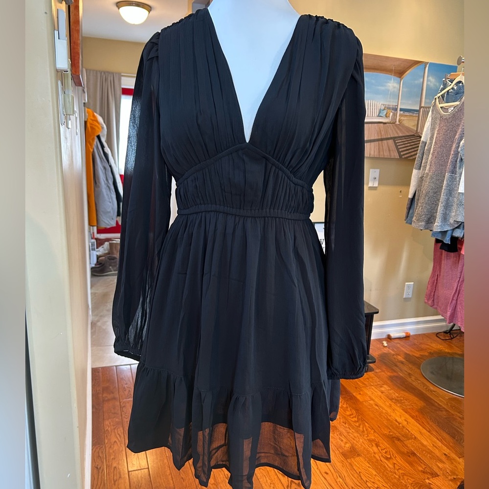 Japna Black Sheer Sleeve Mini Dress Boho Flowy Empire Waist Size S/P NWOT - Picture 7 of 7